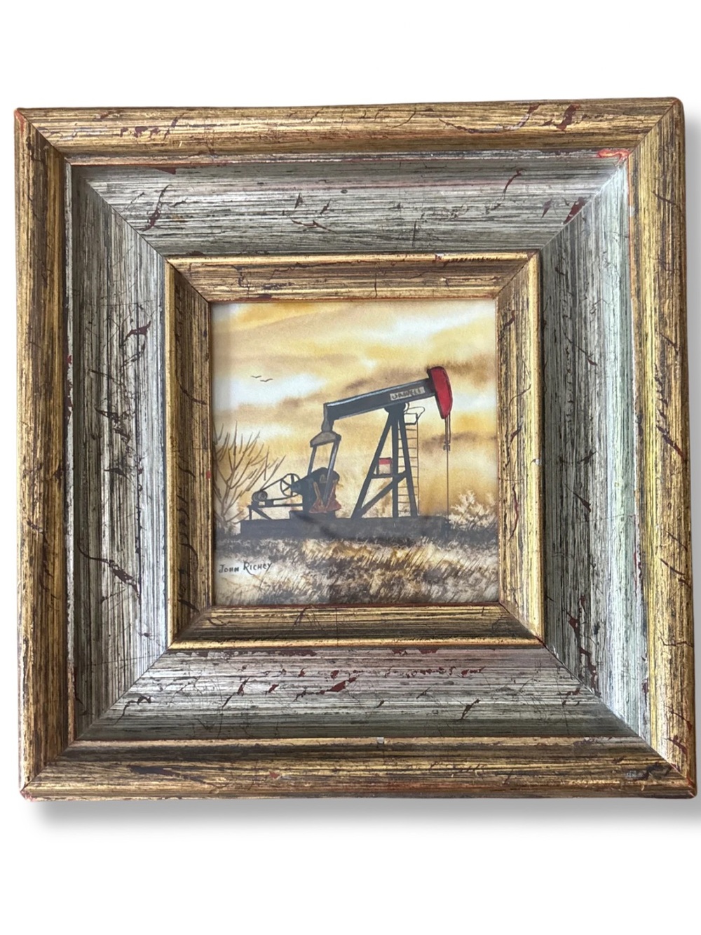 Vintage John Richey Original Miniature Oilfield Pump Jack Painting Texas Art